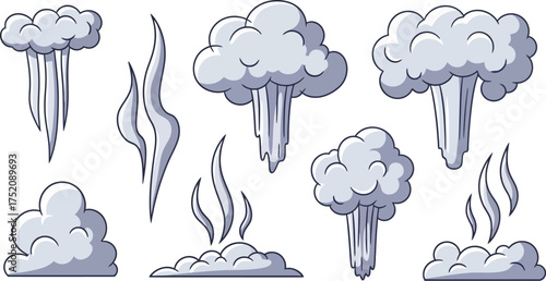 A collection of stylized cartoon illustrations depicting various forms of smoke and steam plumes.