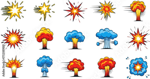 A vibrant collection of cartoon-style explosion effects, including starbursts and mushroom clouds, on a white background.