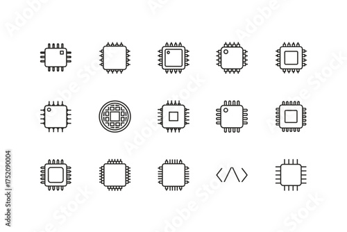 Set of minimalistic microchip and CPU icons, technology and electronics vector symbols, integrated circuit chip design, hardware and computer components, digital circuit elements, tech innovation
