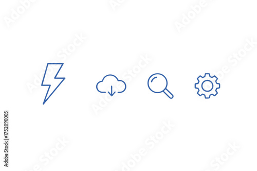 Vector line icon set for web and mobile applications. Thin outline symbols for user interface design. Includes energy, cloud download, search, and settings icons for UI/UX.