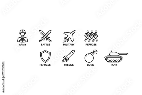 Military and war icon set vector illustration including army soldier, battle swords, jet fighter, refugees, shield, missile, bomb and tank for defense and conflict design
