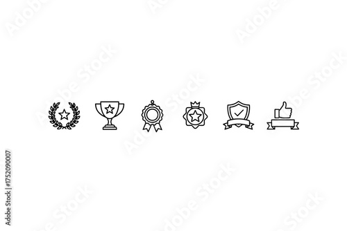 Award and success line icon set. Trophy, medal, laurel wreath, and quality guarantee symbols. Winner, champion, and achievement vector graphic elements collection for design.