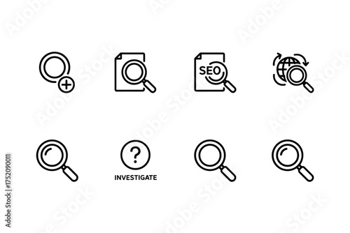 Set of search magnifying glass icons isolated on white background, SEO and investigation symbols, document analysis, global search, zoom and inquiry vector line art illustration