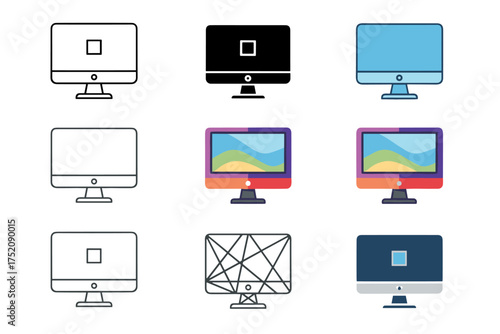 Set of modern desktop computer icons in various styles including outline, filled, colorful, and abstract geometric design, technology and device vector illustration for digital and web use