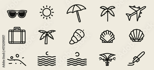 Collection of summer vacation theme icons and travel related line art symbols