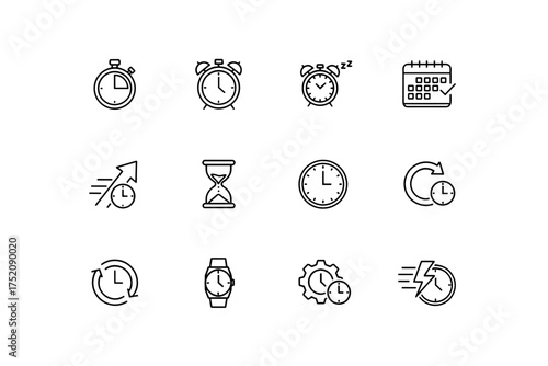 Time management icons set, alarm clocks, stopwatch, calendar with check, hourglass, wristwatch, time tracking and speed symbols, productivity and schedule concept vector line art