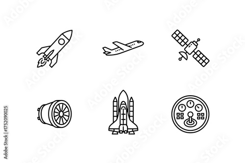 Space exploration icons set. Rocket launch, airplane, satellite, jet engine, space shuttle, spacecraft control panel. Aviation, aerospace technology, flight travel symbols.