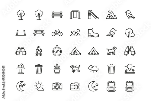 Outdoor adventure and park icon set with camping tents, binoculars, hiking boot, dog, picnic table, mountain landscape, playground slide, trash bin, camera, sun and moon symbols, and plant pot design