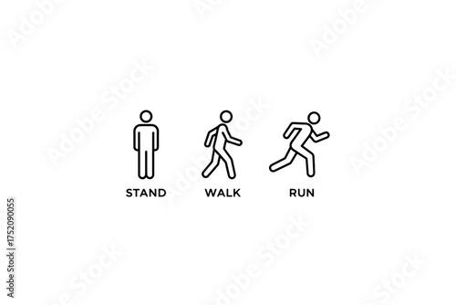 Human activity progression icon set, person standing, walking, running symbol, fitness movement stages, sports and exercise vector illustration, active lifestyle concept