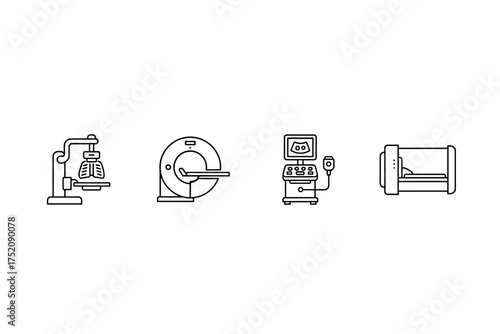 Medical diagnostic imaging equipment icons set. X-ray machine, MRI scanner, ultrasound device, hospital patient bed, healthcare technology tools, digital medical devices for diagnosis and treatment.