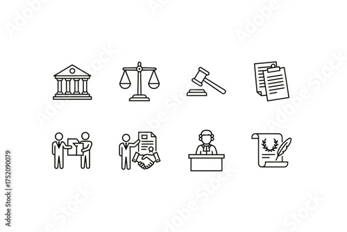 Legal justice icons set vector. Court building, law balance scale, judge gavel, documents, contract agreement, handshake, lawyer presentation, judicial scroll and quill pen illustration.