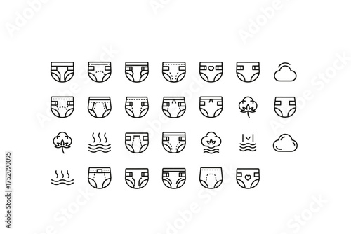 Underwear icons set with cotton, breathable fabric, different styles briefs and panties, soft and comfortable lingerie, line art vector collection, hygiene, clothing