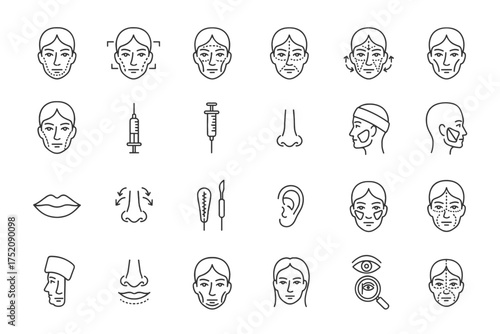 Plastic surgery line icon set. Cosmetic procedures, facelift, rhinoplasty, botox injection. Facial contouring, dermatology, aesthetic medicine, anti-aging treatment vector.