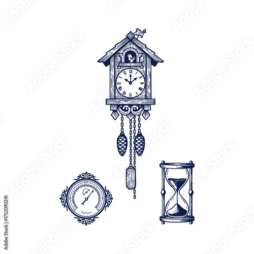 Vintage Cuckoo Clock Barometer Hourglass Stencil Art Set