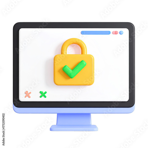 Secure! Yellow lock with green check on computer screen