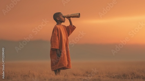 African boy in traditional orange clothing looking through a brass telescope at the vast, glowing orange sky over a dry, grassy landscape at sunset