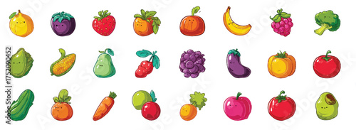 Collection of Whimsical Cartoon Fruits and Vegetables on a White Background for Healthy Eating Concepts
