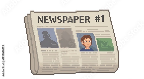A pixel art illustration of a newspaper with the headline 