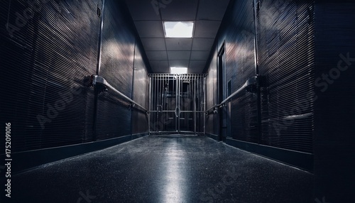 open jail cell door in dark prison hallway low angle perspective moody lighting gloomy architecture interior