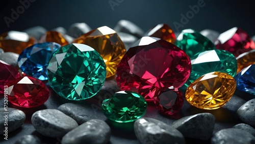 Vibrant gemstone assortment captured with macro precision, revealing fine cuts and reflective brilliance. Perfect for luxury ads, fine jewelry branding or backgrounds