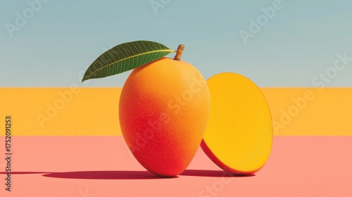 A whole orange mango with a green leaf and a perfectly sliced half against a bold, color-blocked background