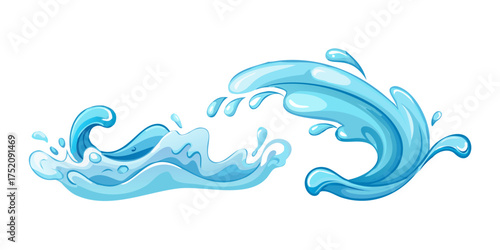 Cartoon water splashes. Blue liquid drops and water flows and sea tide waves. Cute comic ocean swirl effect with spray and foam. Animations, game design vector isolated se