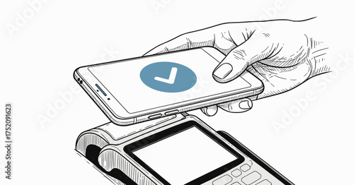 Payment at self-service checkout, hand holding phone to cash register engraving sketch hand drawn style black and white vintage illustration vector