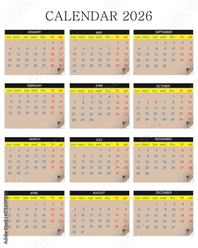 Calendar 2026 12 months yearly vector calendar in year 2026 calendar template planner calendar