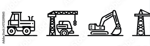 Construction vehicle icons including a tractor excavator and cranes symbolize building and development industries