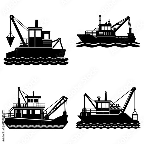 Illustration of four black dredging vessels with cranes on wavy water in simple silhouette style design