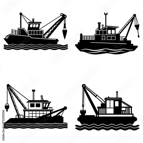 Collection of four black and white silhouette illustrations of dredge boats on water waves design