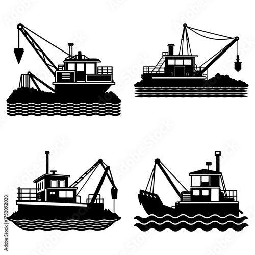 Four silhouette illustrations of dredging boats with cranes on wavy water surface in black and white