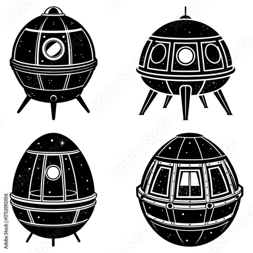 Four black and white vintage space capsules with windows and landing legs in a retro style design illustration
