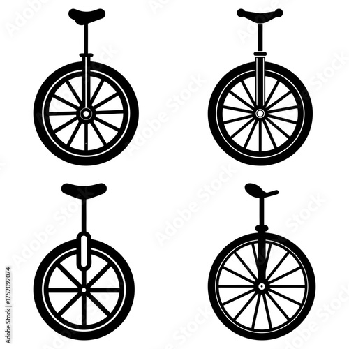 Four unicycles in black and white with varying spoke designs and seat orientations presented together