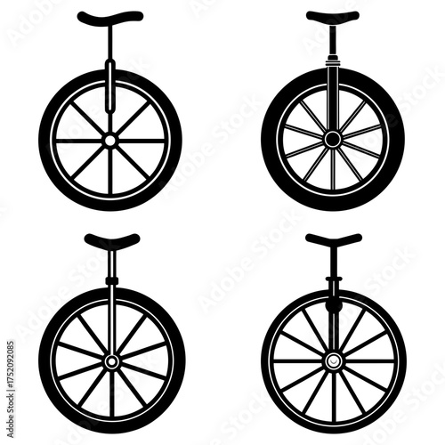 A set of four black and white unicycle illustrations with varying spoke designs on a white background