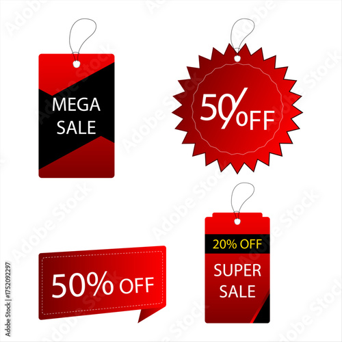 red sale tags, 50% off tags, mega sale tag, super sale tag, 20% off tags