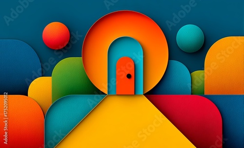 Colorful drawing of a house with a door and a window. The house is surrounded by a yellow path