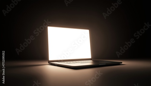 Bright And Glowing Laptop, Partially Closed. The Screen Emits Light, Creating A Warm And Inviting Ambiance. The Laptop Shines In The Dim Room.