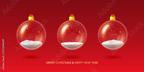 Christmas 3d realistic glass winter ornaments ball with snow. New Year's decoration design set. Transparent empty xmas crystal sphere