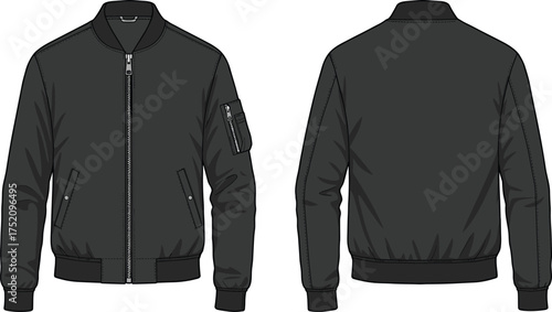 Bomber jacket vector, fashion technical drawing, front and back view, apparel flat sketch, unisex outerwear design, ribbed cuffs waistband, zip pocket sleeve, clothing illustration