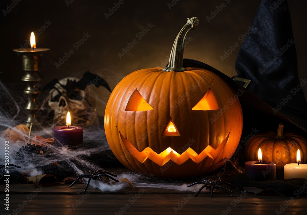 Fototapeta premium A glowing jack-o'-lantern surrounded by lit candles, spiderwebs, and a witch's hat, creating a spooky Halloween atmosphere.