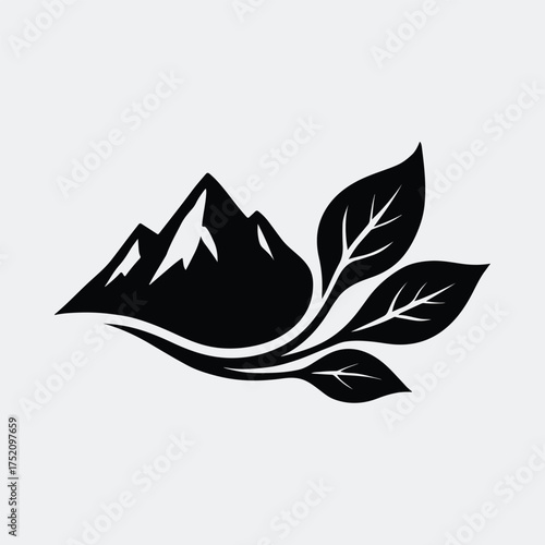 Silhouette mountain peak with leaf branch vector illustration