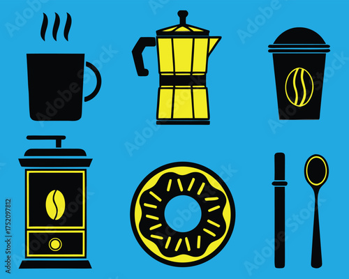 Coffee and breakfast items: steaming mug, moka pot, takeout cup, grinder, glazed donut, spoon, and stirrer.