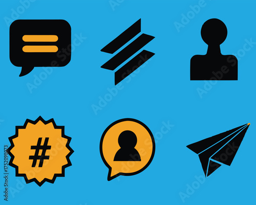 Essential communication and social media icons: chat bubbles, user profiles, hashtag, and paper airplane graphics on a bright blue background.