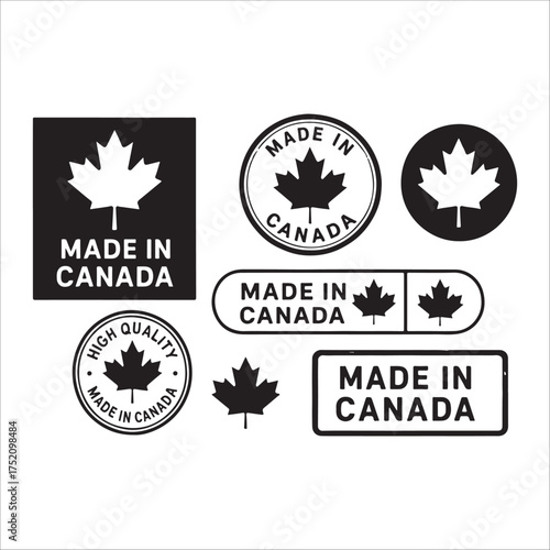 This image displays various "Made in Canada" labels and icons. Each design prominently features the iconic Canadian maple leaf, a symbol of national identity. The collection includes circular badges, 