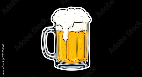 A clear beer mug with a handle, filled with golden beer and overflowing with a thick head of white foam. The illustration is cartoonish or sticker-style, with white outlines and bright yellow accents,