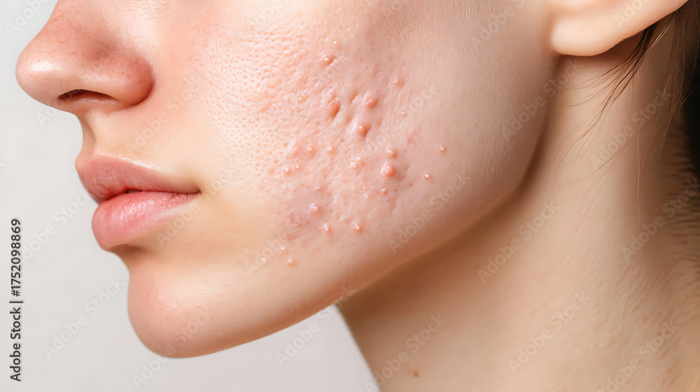 Obraz premium Close-up of a person's face, focusing on the skin texture and some skin concerns. The face is pale, showing some textural imperfections on the cheek.