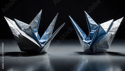 A stunning metallic origami sculpture folded with precision, featuring reflective silver tones and geometric elegance. Perfect for modern design projects, technology branding or creative concept 
