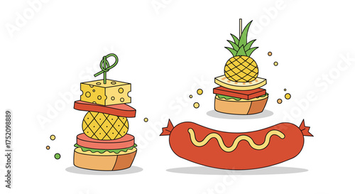 Delicious hot dog with pineapple and cheese toppings served with small savory snacks.