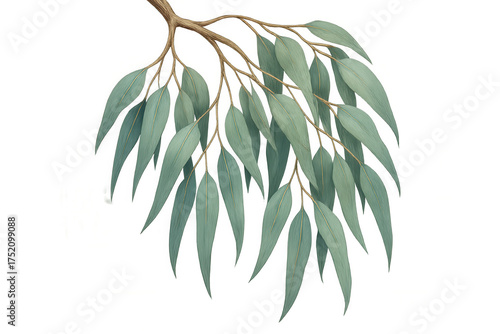 Eucalyptus branch watercolor illustration with green gum leaves and natural botanical foliage on transparent background